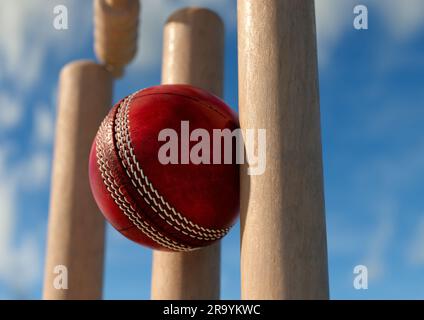 Ein roter Cricket-Ball mit Holzkricket-Wickets mit beweglichen Grillen am Tageshimmel – 3D-Rendering Stockfoto