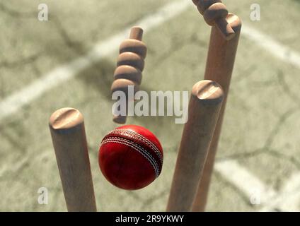 Ein roter Cricket-Ball mit Holzkricket-Wickets mit beweglichen Grillen am Tageshimmel – 3D-Rendering Stockfoto