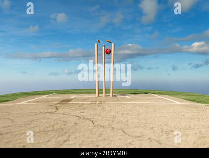 Ein roter Cricket-Ball mit Holzkricket-Wickets mit beweglichen Grillen am Tageshimmel – 3D-Rendering Stockfoto