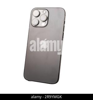 Lodz, Polen Juni 19 2023 iPhone 14 pro max. Rückseite, Rückansicht mit Kamera und Apple-Logo. Stockfoto