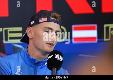 Spielberg, Österreich. 29. Juni 2023. Red Bull Ring Circuit, Spielberg, Österreich, 29. Juni 2023, Logan Sargeant (USA) Williams Racing während DER FORMEL 1 ROLEX GROSSER PREIS VON ÖSTERREICH 2023 - Pressekonferenz - Formel-1-Meisterschaftsgutschrift: Live Media Publishing Group/Alamy Live News Stockfoto