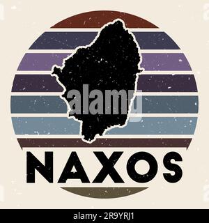 Naxos-Logo. Unterschreiben Sie mit der Karte der Insel und den farbigen Streifen, Vektordarstellung. Kann als Abzeichen, Logo, Label, Aufkleber oder Abzeichen des Na verwendet werden Stock Vektor