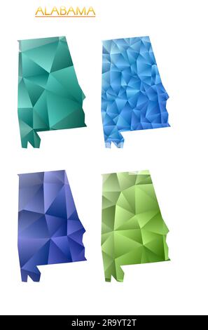 Satz von polygonalen Vektorkarten von Alabama. Helle Verlaufskarte des US-Bundesstaates in flacher Poly-Form. Stock Vektor