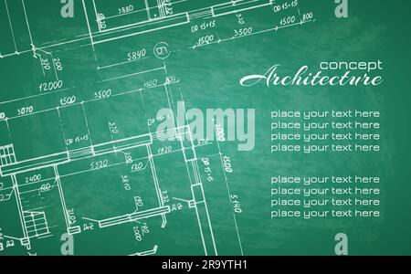 Architekturzeichnungen weiße Kreide an der Tafel. Architektur abstrakter Hintergrund für Design. Detaillierter Plan. Grafische Designelemente. Architektur Stock Vektor
