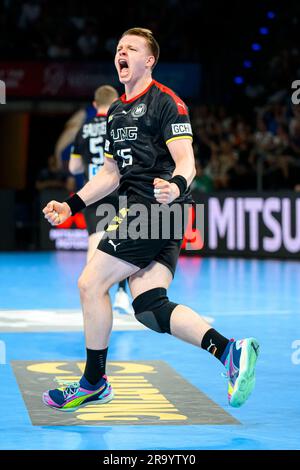 Berlin, Deutschland. 29. Juni 2023. Handball: Weltmeisterschaft, U-21, Endrunde, Viertelfinale, Deutschland - Dänemark in der max-Schmeling-Halle. Justus Fischer (TSV Hannover-Burgdorf) zum wohl. Kredit: Marco Wolf/dpa/Alamy Live News Stockfoto