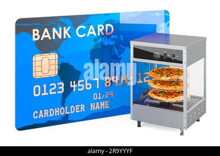 Open View Pizza Merchandiser mit Kreditkarte, 3D-Rendering isoliert auf weißem Hintergrund Stockfoto