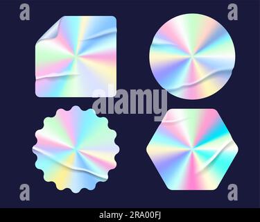 Hologrammaufkleber, Qualitätsetiketten und -Etiketten, Vektorfolienstruktur mit schillerndem Gradienten. Holographische Aufkleber oder Holografiefolienetiketten für Original-Garantieproduktsiegel mit Knautscheffekt Stock Vektor