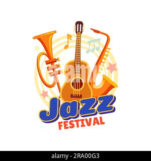 Jazzmusikfestival-Ikone mit Saxophon, Gitarre und Trompete, Akustikkonzert und Live-Vektorlogo. Blues- oder Jazzmusikclub oder Festschild mit Musikinstrumenten und Noten im Retro-Stil Stock Vektor