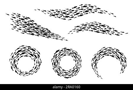 Fischschaufelsilhouetten, Ozean- oder Meeresfischschule, Vektorhintergrund. Thunfisch-, Lachs- oder Heringsfischschwärme, die durch Gruppen im Kreis oder Wellen im Wasser schwimmen, viele kleine Fische schwärmen in Silhouetten Stock Vektor