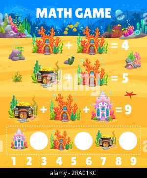 Arbeitsblatt für Mathematik-Spiele. Märchenhäuser in Unterwasserlandschaft. Kinder Mathe-Vektorspiel, pädagogisches Puzzle oder Rätsel mit Korallen, Muscheln, Kessel mit Gold, Fantasy-Haus auf dem Meeresgrund Stock Vektor