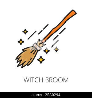 Hexenbesen, Hexerei und magische Ikone. Isolierter linearer Vektorbestiel mit schlankem Holzgriff und Borsten mit Funken. Halloween-Zeichen für mystische Kräfte, Fantasie und das Übernatürliche Stock Vektor