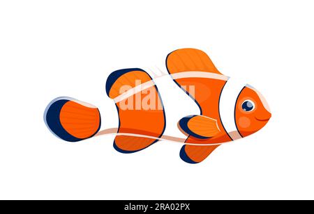 Cartoon-Clown-Fisch-Tier. Isolierter Vektor lebhaft fesselnde Unterwasserkreatur bekannt für sein einzigartiges Muster und seine symbiotische Beziehung zu Seeanemonen. Süßer tropischer Meeres-Clownfisch Stock Vektor