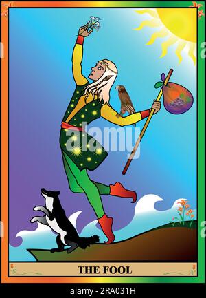 Tarot-Karten-Narr. Der Jester Elf geht mit seinem treuen Freund, dem Hund an seiner Seite, auf eine neue Lebensstraße. Die Erfahrung des Lebens hilft in allem. Stock Vektor
