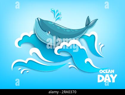 Weltmeertag. Wale und Papier schneiden Meereswellen. Vector-Umweltposter, speichern Sie Natur- und Umweltschutzereignisse mit einem Wasserbläser in blauem Wasser, das auf 3D schaumigen Wellen aus Paperut spritzt Stock Vektor
