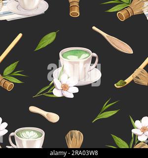Matcha-Tee und -Tasse mit nahtlosem Aquarellmuster. Handgezeichnete Darstellung isoliert auf grünem Hintergrund. Perfektes Konzept für Café, Restaurant, Speisekarte Stockfoto