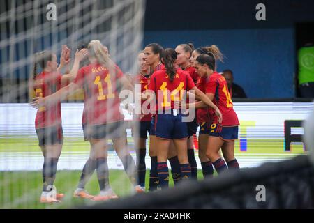 Aviles, Spanien, 30. Juni 2023: Die spanischen Spieler feiern das erste Tor während des Freundschaftsspiels zwischen Spanien und Panama am 30. Juni 2023 im Roman Suarez Puerta Stadium in Aviles, Spanien. Alberto Brevers/Alamy Live News Stockfoto