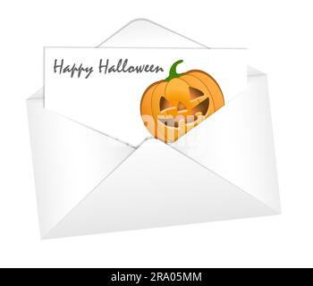 White envelope, letter, card with pumpkin jack o lantern, happy halloween wishes. Party invitation, flyer, booklet, letter, notice, sale advertisement Stock Vektor