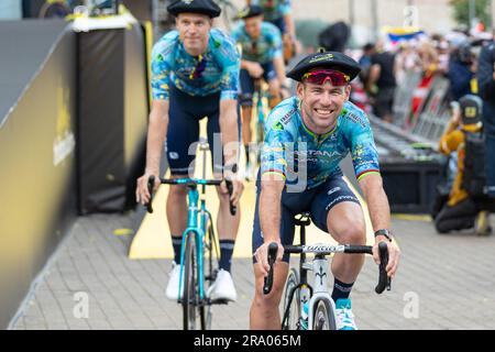 Bilbao, Baskenland, Frankreich, 29. Juni 2023, die Tour de France-Team-Präsentationszeremonie im Guggenheim Museum, Bilbao, Mark Cavendish von Astana Qasaqstan Team während der 110. Ausgabe der Tour de France. Kredit: Nick Phipps/Alamy Live News Stockfoto