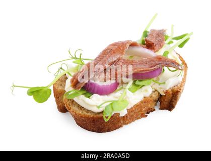 Köstliches Bruschetta mit Sardellen, Frischkäse, roten Zwiebeln und Grün isoliert auf Weiß Stockfoto