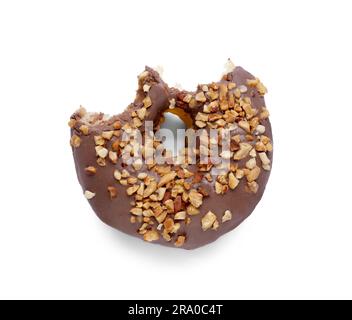 Süße gebissene glasierte Donuts auf weißem Hintergrund, Draufsicht Stockfoto