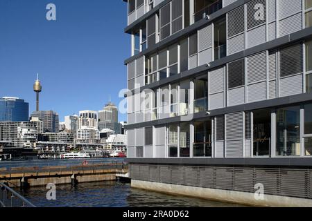 Wharf 8 und Wharf 9, gelegen an der Küste der Pyrmont Bay mit Darling Harbour im Osten und Darling Island und Jones Bay im Westen. Die Kaianlagen, die seit Jahrzehnten als Frachtwerft genutzt werden, wurden frisch in ein Wohngebäude mit 104 Apartments, 54 Jachthafenliegeplätzen und einer öffentlichen Promenade umgewandelt. Sydney, Australien. 29. Juni 2008 Stockfoto