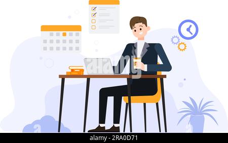 Geschäftsmann, der an einem Laptop arbeitet und Kaffee in der Hand hält. Geschäftsmann, der am Prozesskonzept arbeitet. Flacher Geschäftsmann-Cartoon, der sitzt und arbeitet Stock Vektor