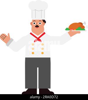 Koch hält gerösteten truthahnteller vor isoliertem Hintergrund. Süßer Koch Cartoon Flachvektordarstellung Stock Vektor