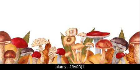 Uber den Rand von essbaren Pilzen und Blättern. Herbstpilze und hinterlässt ein nahtloses Muster. Horizontales Banner oder Rahmen für die Gestaltung des Agrarmarktes, Stockfoto
