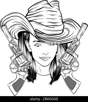vector Cowgirl in Schwarz-Weiß-Umrissen Stock Vektor