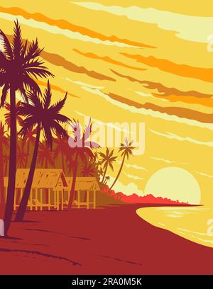 WPA-Posterkunst eines Strands auf der Insel Phu Quoc während des Sonnenuntergangs in der Provinz Kien Giang im Golf von Thailand in Vietnam hergestellt in Werkprojekt ADM Stockfoto