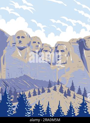 WPA-Posterkunst des Mount Rushmore National Memorial mit einer kolossalen Skulptur namens Shrine of Democracy in Black Hills bei Keystone, South Dakota USA i Stockfoto