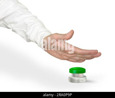 A man pushing a big green start stop alarm button with the palm of hand Stock Photo