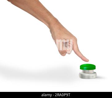 Ein Mann, der mit dem Finger einen großen grünen Start-Stopp-Alarm-Knopf drückt Stockfoto