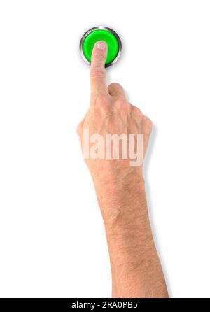 Ein Mann, eine große grüne Start-Stop-Alarm-Taste mit dem Finger drücken Stockfoto