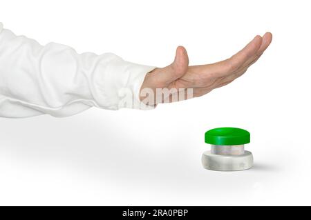 Ein Mann, der mit der Hand einen großen grünen Start-Stopp-Alarm-Knopf drückt Stockfoto