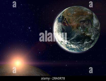Fantasy-Komposition mit der Erde in einem Sternenhimmel. Die Sonne geht hinter dem Mond auf. Elemente dieses Bildes, bereitgestellt von der NASA Stockfoto
