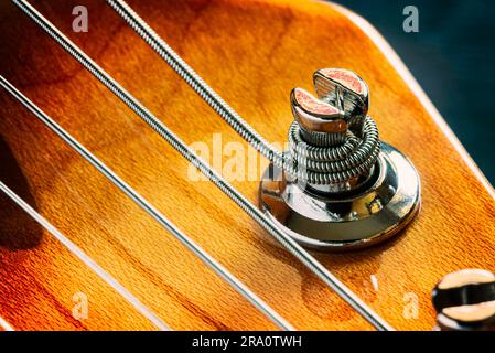 Detail von Saiten und Stimmschlüsseln, einer E-Gitarre Stockfoto