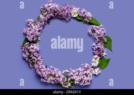 Rahmen aus wunderschönen Fliederblumen mit Blättern auf blauem Hintergrund Stockfoto