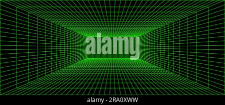 Grüner Neon-Drahtmodell-Rasterraum. 3D Hintergrund in Perspektive. Futuristischer digitaler Umriss. Geometrisches Design. Darstellung der Vektorvorlage Stock Vektor