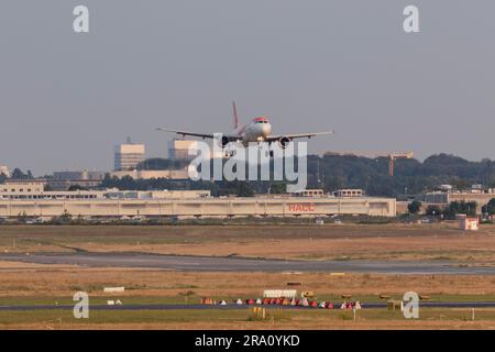 Passagierflugzeug Airbus A320-214 der Fluggesellschaft easyJet landet am Flughafen Hamburg, Hamburg, Deutschland Stockfoto