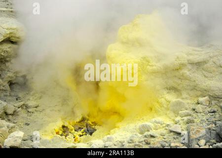 Schwefelquelle, Vulkan Mutnovskiy, Halbinsel Kamchatka, Schwefel, Schwefeldampf, Russland Stockfoto