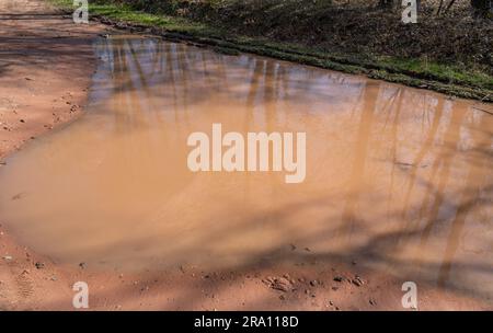 Große Pfütze mit braunem Regenwasser auf einer sandigen Straße in der Landschaft Stockfoto