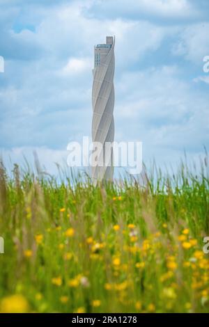 Thyssen-Krupp-Testturm hinter der Blumenwiese im Frühling, Rottweil Stockfoto