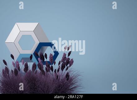 Ein sechseckiges Lila schwebt auf blauem Hintergrund und Pampas-Gras. Minimale Konzeptidee mit einfarbigen Farben. 3D-Rendering Stockfoto