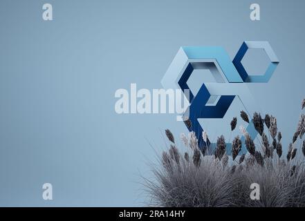 Ein sechseckiges Lila schwebt auf blauem Hintergrund und Pampas-Gras. Minimale Konzeptidee mit einfarbigen Farben. 3D-Rendering Stockfoto