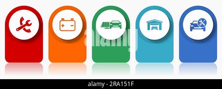 Symbolsatz für Autoservice, verschiedene Vektorsymbole wie Werkzeuge, Werkstatt, Batterie und erneuerbare Energien, Infografik-Vorlage für modernes Design, Web-Schaltfläche Stock Vektor