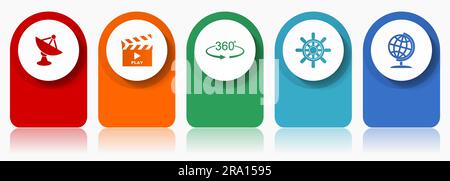 Symbolsatz für Kommunikation, verschiedene Vektorsymbole wie Satellitenantenne, Kino, 360 Grad, Schiffsrad und Kugel, modernes Design Infografik Temp Stock Vektor