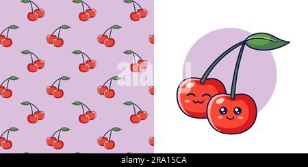 Handgezeichnete rote Kirsche im Kritzelstil zum Entwerfen von Babykleidung. Postkarte mit Kirsche und nahtlosem Muster. Cartoon Böhmischer Kinderabdruck. Kinder-Design-Struktur für Pyjamas. Vektordarstellung. Stock Vektor