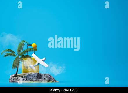 Reise- und Urlaubskonzepte, 3D Illustrationen von Felsen, Kokospalmen, Koffern und Flugzeugen mit blauem Hintergrund. 3D-Rendering Stockfoto