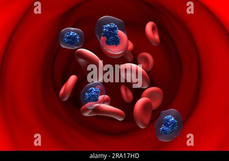 Aspirin-Acetylsalicylsäure (ASA)-Molekül im Blutfluss - Schnittansicht 3D Abbildung Stockfoto